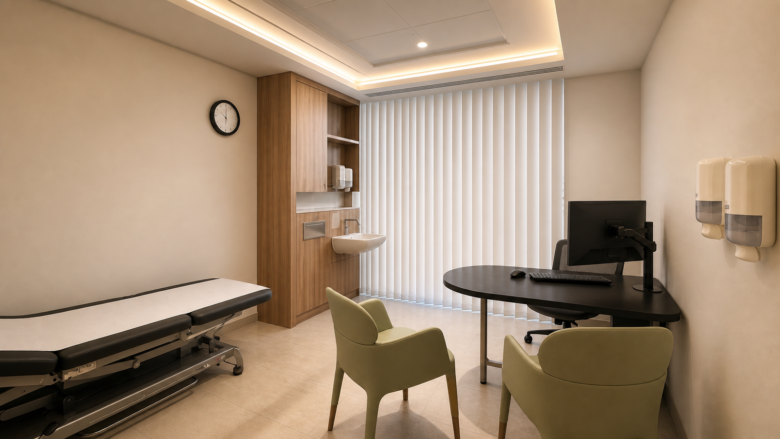 The consultation room at 16 Devonshire Street, with an examination couch and the blinds drawn.