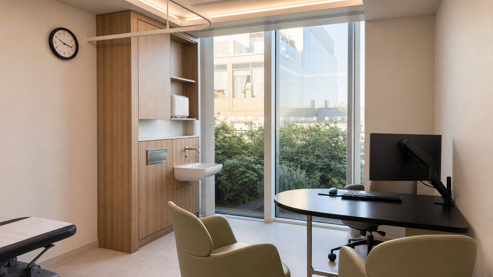 A consulting room at 16 Devonshire Street, with a desk, two chairs and a window onto planting.